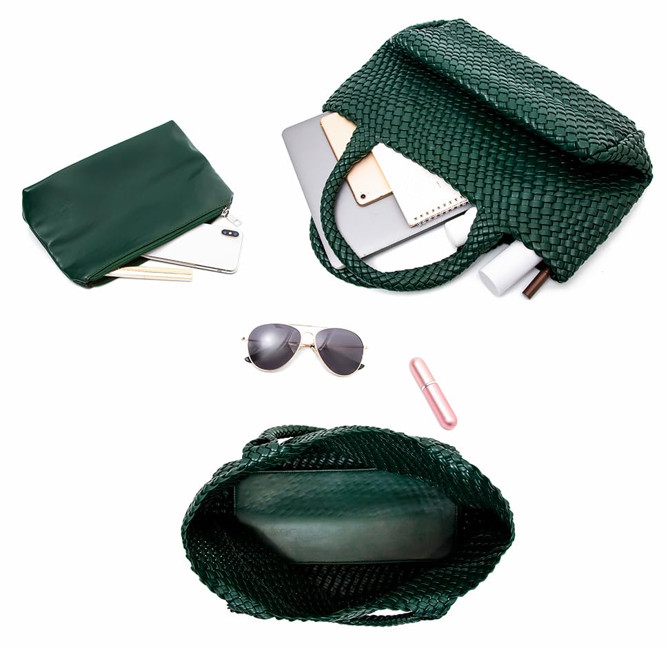 Handmade Woven Tote Bag for Women, Soft Vegan Leather Shoulder Bag with Purse, Large Travel Handbag - color: Dark Green