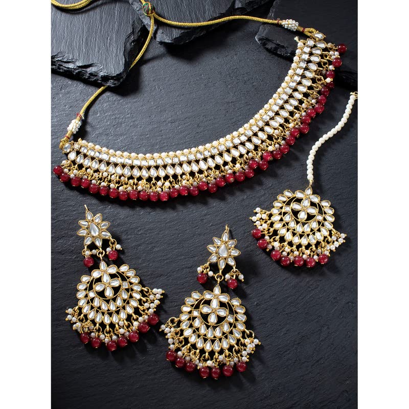 Aheli Faux Kundan Beaded Necklace Earrings Maang Tikka Indian Bollywood Ethnic Jewelry Set Gift for Women - color: Maroon