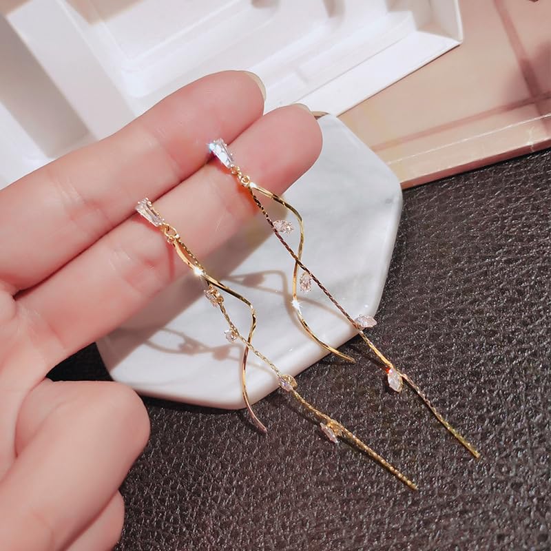 Temperament Long Zircon Tassel Earrings for Women Charm Jewelry Sparkling Crystal Leaves Twist Dangle Earrings for Friends - color: Gold