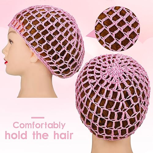 Geyoga 4 Pieces Mesh Crochet Hair Net Rayon Knit Snood Hat Thick Short Women Hairnet Snoods Cover Ornament for Sleeping (Pink) - color: Pink