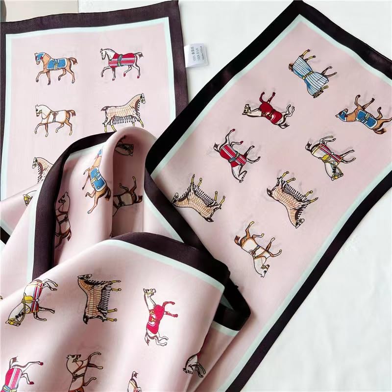 ANDANTINO 100% Silk Scarf for Women 59”*6.3” Long Shawls for Headscarf and Neck- Oblong Hair Wraps with Gift Packed - color: Pink-horses