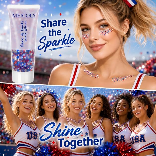 MEICOLY 250th Red White and Blue Patriotic Face Glitter,USA Flag Star Body Glitter Gel,Hair Glitter for 4th of July Outfits for Women, Fourth of July Accessories for Independence Day - color: USA Red White Blue
