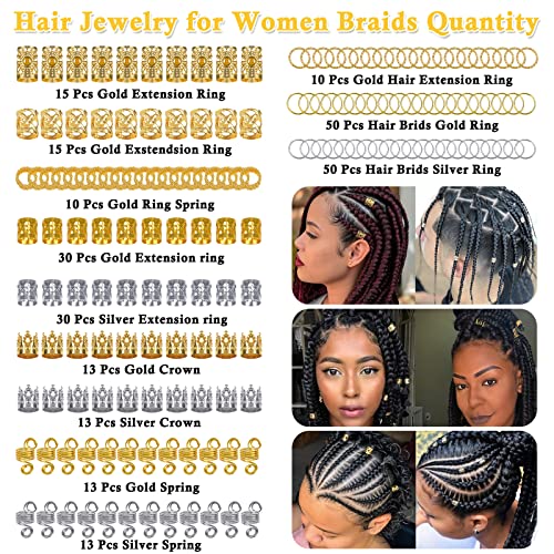 262 Pcs Dreadlock Accessories for Women, Hair Jewelry for Braids Loc Jewelry Hair Decorations, Gold and Silver Hair Accessories, Adjustable Hair Charms Hair Rings for Braids Adult Loc Braid Jewelry