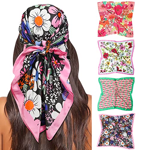 Molans 35" Silk Satin Square Head scarves - 4Pcs Large Scarfs Hair Bandana Head Kerchief Neck Scarf Sleeping Wraps for Women - color: Through Printing