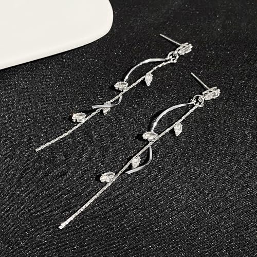 Temperament Long Zircon Tassel Earrings for Women Charm Jewelry Sparkling Crystal Leaves Twist Dangle Earrings for Friends - color: Silver
