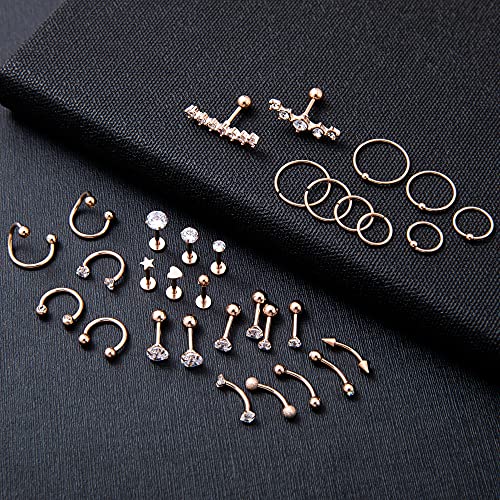 REVOLIA 32Pcs Stainless Steel Cartilage Stud Earrings for Women Conch Helix Tragus Daith Conch Hoop Earing Piercing Jewelry Set - color: Rose-Gold tone