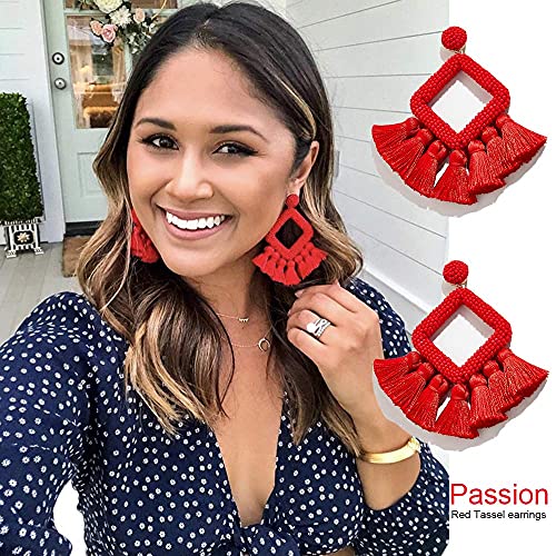 Long Tassel Earrings Statement Bohemian Pom Ball Handmade Drop Dangle Earrings for Women - style: S-Red