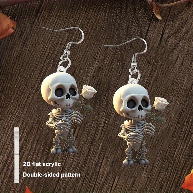 Halloween Skeleton Earrings for Women – Cute Spooky Skull Dangle Earrings with Red Rose, Gothic Creepy Cute Acrylic Statement Jewelry - color: Romantic Skeleton with White Rose