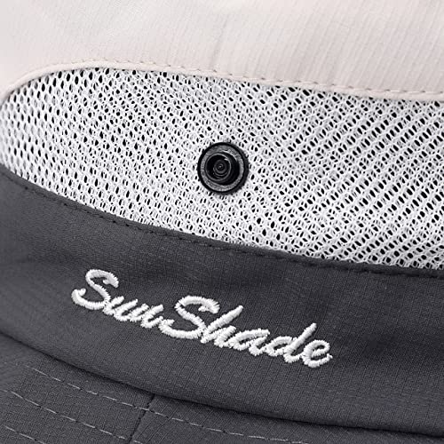 Womens Summer Sun Hat Beach Hat Wide Brim Outdoor UV Protection Hat Foldable Cool Mesh Ponytail Bucket Hat - color: Grey+beige
