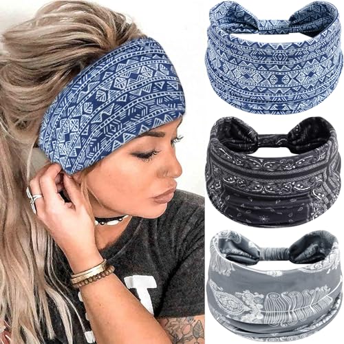 Boho Headbands Wide knotted Hair Bands Vintage Printing Bandeau Stretchy Non-slip Cotton Headband Sport Yoga Hair Accessories for Women and Girls (Pack of 3) - color: Color-1