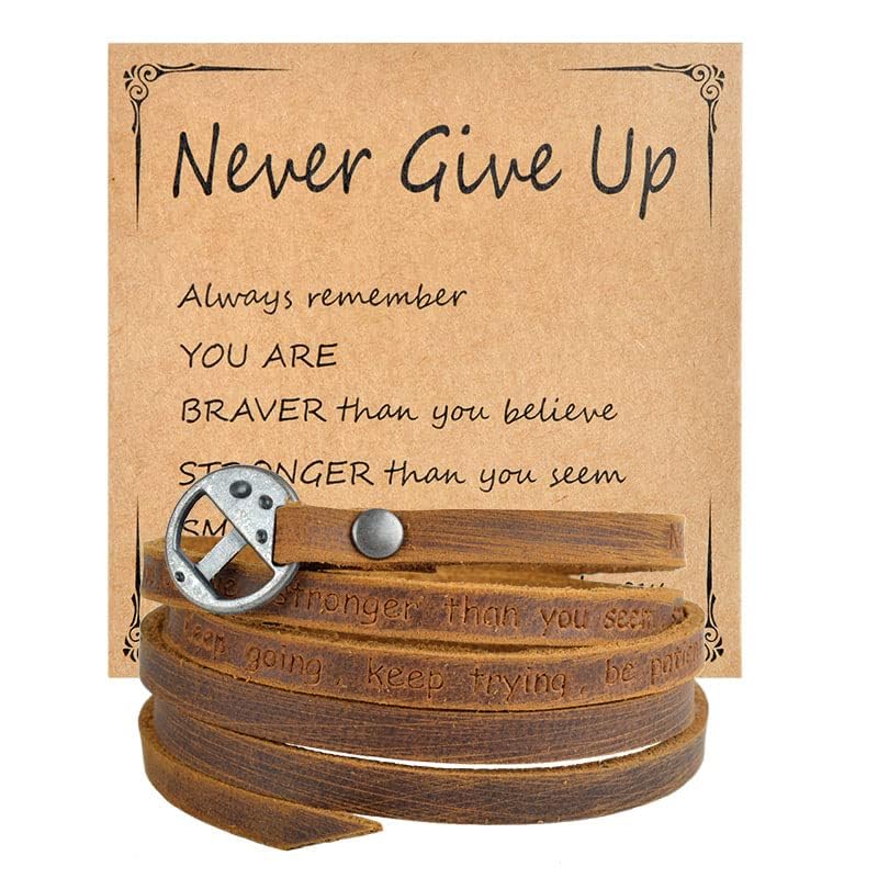 Rantanto Genuine Leather Wrap Bracelets Trendy Western Stackable Cuff Adjustable Boho Layered Bracelet Jewelry For Men Women - color: Brown--Never Give Up