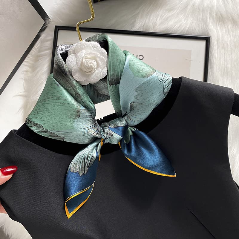 FEIBOON Mulberry Silk Scarfs Neck Scarf 21" Small Square Scarfs hair scarf bandana Neckerchief Headscarf for Women - color: Blue Flower Hand Painted