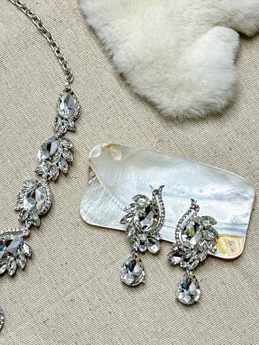 Women Jewelry Set Rhinestone Crystal Bride Statement Choker Necklace Teardrop Cluster Dangle Earrings Set for Wedding Prom Party - color: Silver