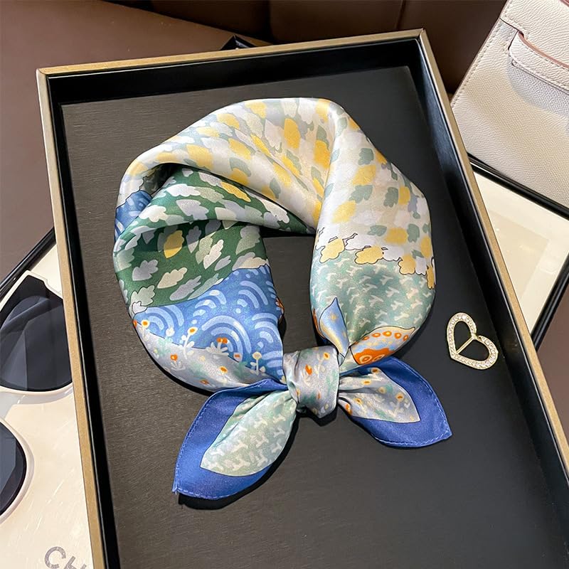 FEIBOON Mulberry Silk Scarfs Neck Scarf 21" Small Square Scarfs hair scarf bandana Neckerchief Headscarf for Women - color: Blue Yellow Green Trees