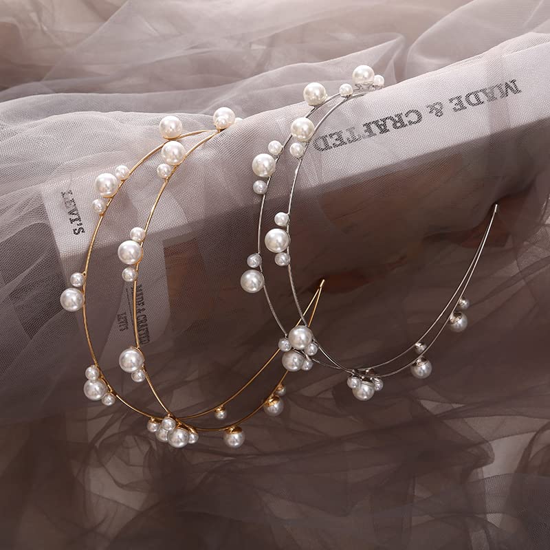 Double Layer Pearl Beaded Headbands Hair Hoops Bridal Hairbands Wedding Hair Accessories Fashion Elegant Pearl Headbands for Women Girls (Gold) - color: Gold