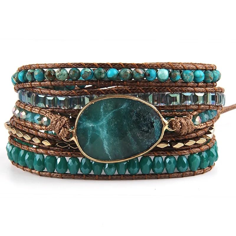 Women Wrap Bracelet Boho Natural Jasper Crystal Stone Beads Strand Bracelets - color: Green #2