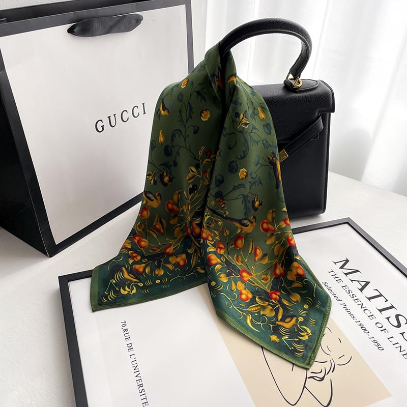 MEISEE 100% Pure Mulberry Silk Scarf 21" Square Scarf Neckerchief Headscarf Breathable Lightweight for Women Gift Packed - color: Green Flowers and Birds