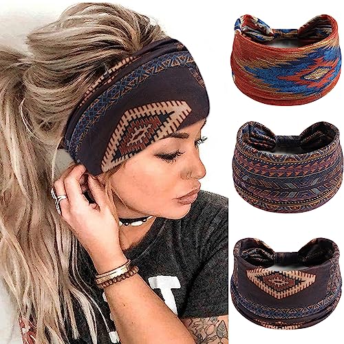 FULZTEY Boho Headbands for Women Wide Knotted Head Bands African Floral Printed Turban Striped Bandanas Stretchy Workout Yoga Hairbands Fashion Hair Accessories for Girls 3Pcs - color: Style 44