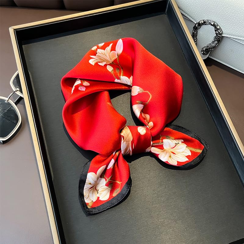 MEISEE 100% Pure Mulberry Silk Scarf 21" Square Scarf Neckerchief Headscarf Breathable Lightweight for Women Gift Packed - color: M3 Red Flower