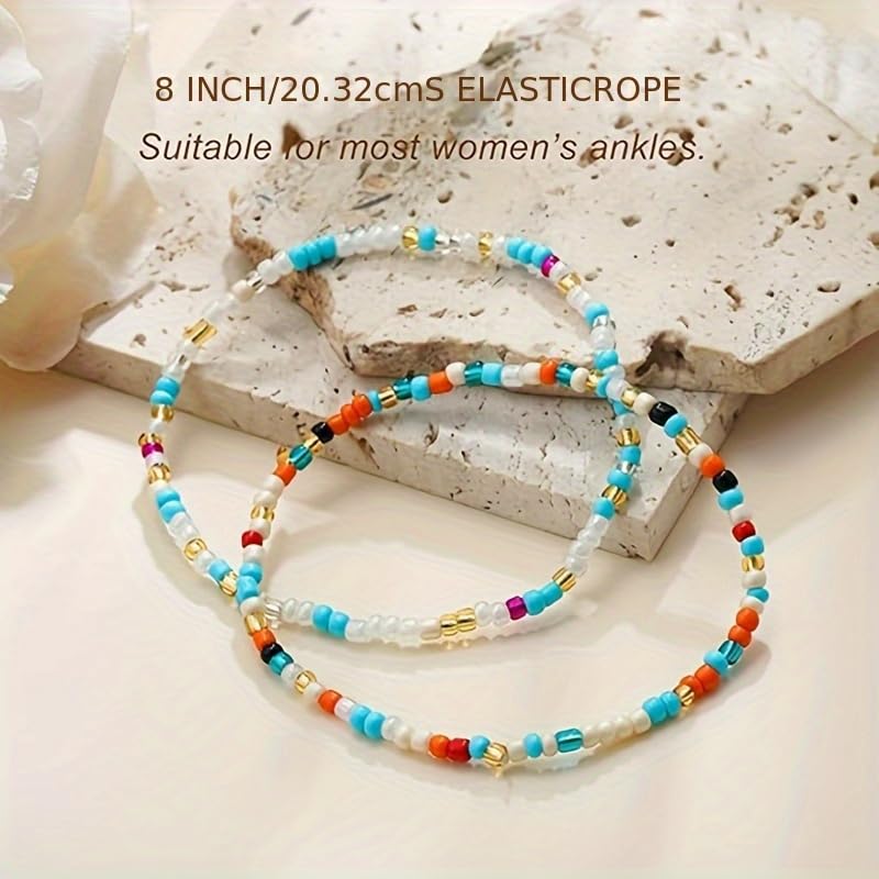 Boho Beads Anklets Set of 2pcs, Waterproof Beach Adjustable Stretch Imitation Turquoise White Pearls Bracelets for Women, Handmade Jewelry Gifts - style: 4pcs