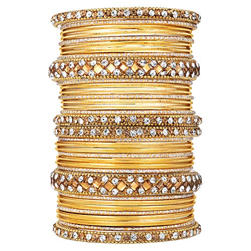 Aheli Ethnic Colorful Metal Bangles Chudha Set Stone Studded Bangle Set Indian Wedding Wear Fashion Jewelry Gift for Women Blue - color: Yellow