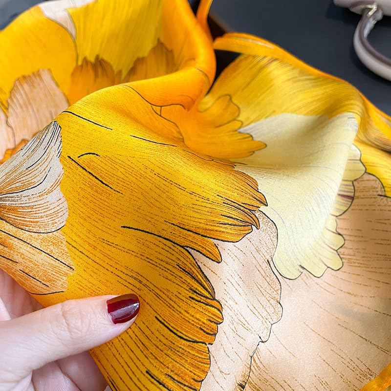 FEIBOON Mulberry Silk Scarfs Neck Scarf 21" Small Square Scarfs hair scarf bandana Neckerchief Headscarf for Women - color: Black and Orange Flowers