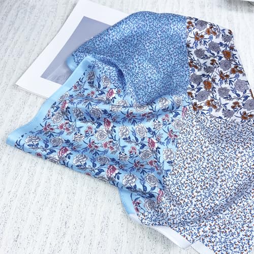 Women's Small 21 inch 100% Silk Scarf Bandana for Head Neck Hair | 100% Mulberry Silk Lightweight Designs Gift-Ready Packaging For Hair Fashion 21"x21" Printed - color: 307 Blue White