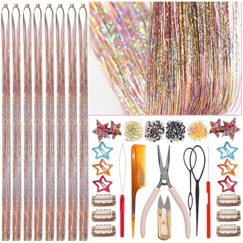 Celinebella Starry Pink Hair Tinsel Kit, 48" 2000 Strands Galaxy Fairy Hair | Dreamy galaxy starry pink shade, full tool kit included, heat resistant, perfect for wedding prom festival photography - color: 03-Galaxy Pink, size: 48 Inch Pack of 8 PCs