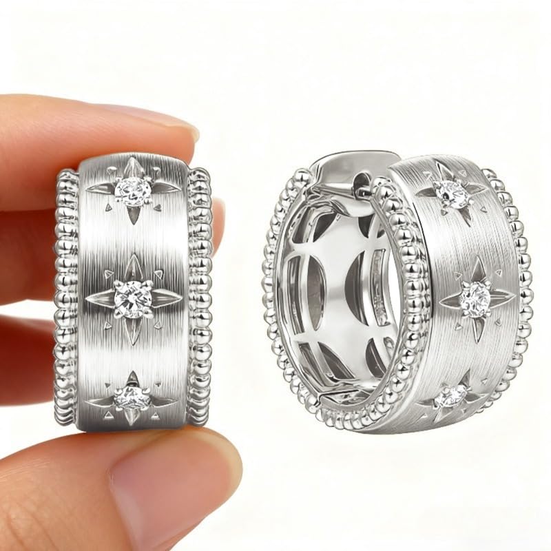 Vintage Star Zirconia Chunky Hoop Earrings for Women Wedding Daily Party Earrings Jewelry Gift - color: silver
