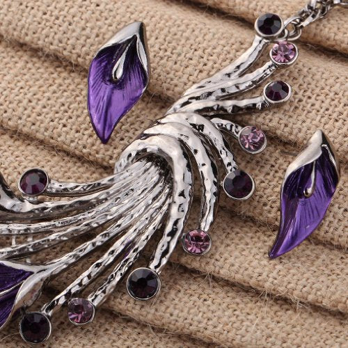 YAZILIND Ethnic Style Tibetan Silver Peacock Crystal Chunky Bib Earrings Necklace Set Wedding Party - color: Purple