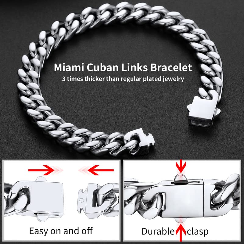 ChainsHouse Stainless Steel Cuban Link Bracelet for Men, 5mm/7mm/9mm/12mm Width, 7.5"/8.3"/9" Length, Black/18K Gold Plated Chain Wrist Bracelets for Men, with Gift Box - color: a. 9mm width-steel, size: 9.0 Inches