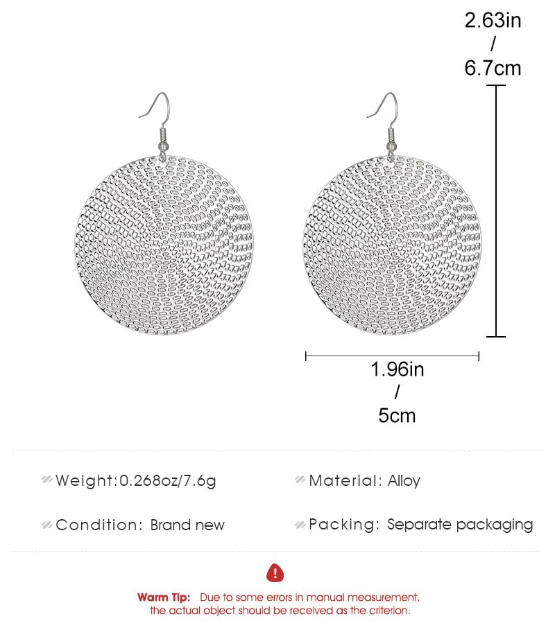 Anmpab Boho Large Disc Earrings for Women Vintage Geometric Hammered Round Circle Drop Dangle Earrings Statement Jewelry - color: Silver