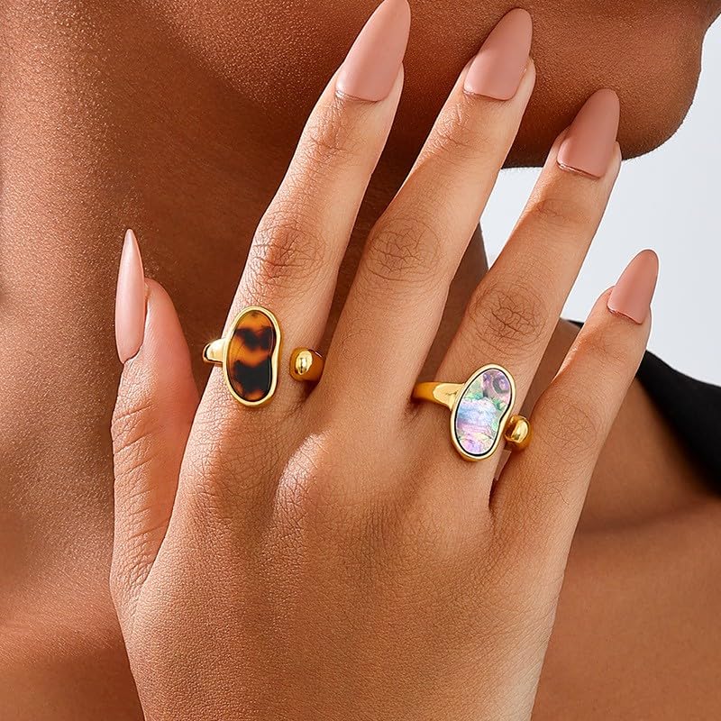 18K Gold Plated Adjustable Twisted Rings for Women Non Tarnish Oval Czech Glass Stone Stainless Steel Statement Rings Open Gemstone Boho Stackable Band Jewelry - color: Pink