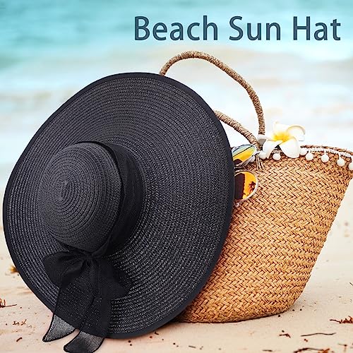 DRESHOW Beach Hats for Women Big Straw Wide Brim Summer Hat Floppy Foldable Roll up Cap Sun Hat UPF 50+ - color: Aca Black 5.9