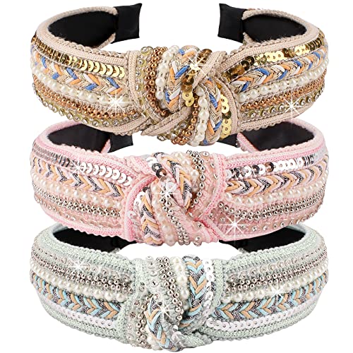 TOBATOBA Knotted Headbands for Women, 3 Pack Rhinestones Pearl Beaded Headbands, Top Knot Boho Head bands, Wide Turban Crystal Pearl Sequin Head bands, Vintage Non Slip Diamond Beaded Bling Hair Band - color: Color 1