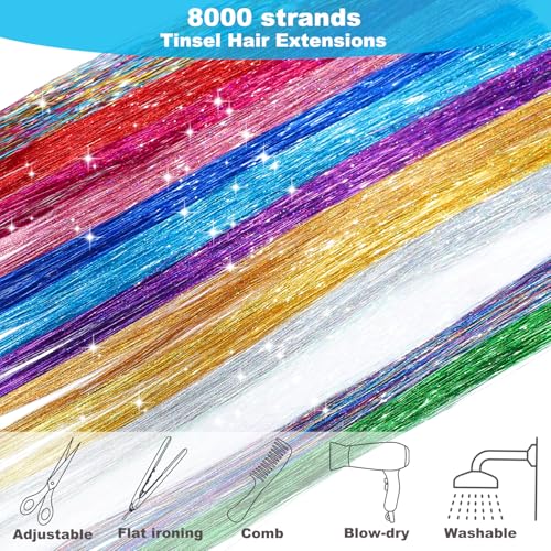 Hair Tinsel - 20 Colors Hair Tinsel Kit - 8000 Strands 48 Inch Glitter Tinsel Hair Extensions with Tools - Heat Resistant Sparkling Fairy Hair Accessories for Girls & Women