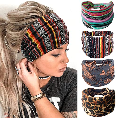 YONUF Wide Boho Headbands for Women Fashion Knotted Headband Yoga Workout Hair Accessories African Head Wrap 4 Pack - color: Print