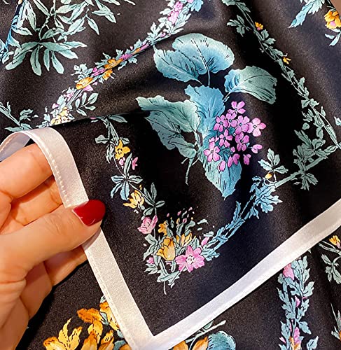 JERLA 100% Pure Mulberry Silk Square Scarf for Hair-27''x27'' Women Men Natural Silk Neckerchief Headscarf - color: Black and Blue Flower