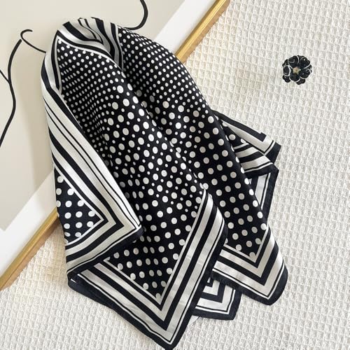 FONYVE 100% Mulberry Silk Scarfs for Women-Lightweight Square Satin Head Scarf-Small Silk Hair Scarf for Sleeping 21"x21" - color: 17 Black Polka Dot