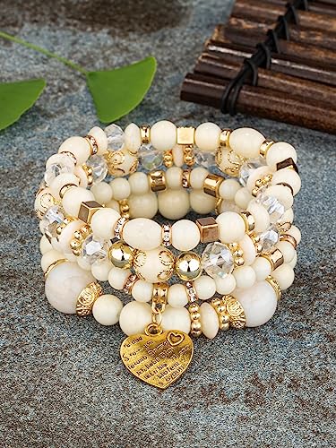 Women Beaded Bracelet Set | Colorful Boho Stackable Trendy Design with Crystal Accents Multilayer Bangle Bracelet | Fashion Stretch Braclets Jewelry for Women - color: White
