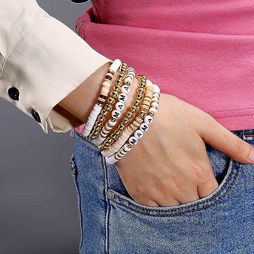 Elegance 11 designs Heishi Beaded Bracelets For Women Polymer Clay Colorful Surfer Stackable Beads Boho Bracelet Summer Beach Jewelry - color: Mama