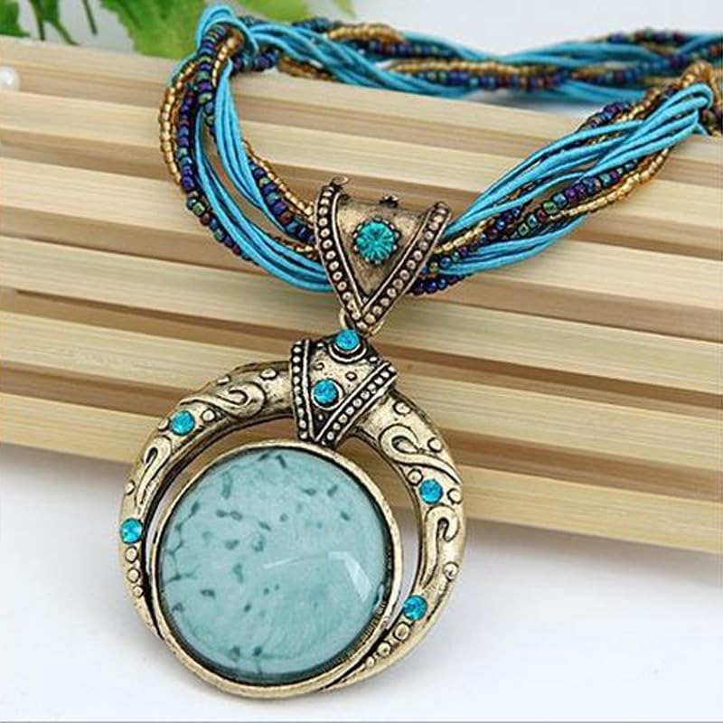 1PC Vintage Green Stone Multi-Strand Boho Necklace, Ethnic Beaded Fringe Neck Jewelry (Green)