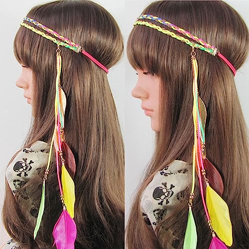 WLBON Halloween Boho Feather Headband Hippie Indian Leaf Hair Hoops Bands Tassel Bohemian Headpiece Hairband Women Xmas Wedding Festival Masquerade Cosplay Dress Up Birthday Party Accessories Colorful - color: Colorful Tone