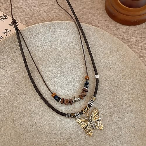 Boho Braided Rope Necklace for Women Vintage Butterfly Feather Adjustable Wooden Beads Layered Necklace Bohemian Wolf Tooth Totem Tribal Ethnic Style Jewelry - style: Butterfly