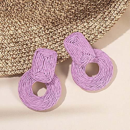 Statement Raffia Earrings Cute Boho Earrings Rattan Dangle Earrings Handmade Straw Wrap Earrings Summer Drop Dangling Earrings for Women Teen Girls - color: Purple