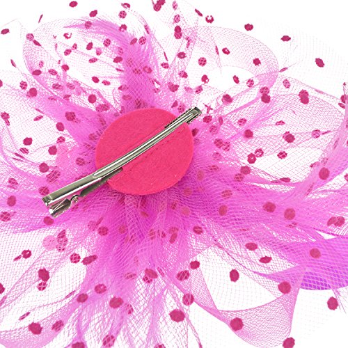 DRESHOW Fascinators Hat Flower Mesh Ribbons Feathers on a Headband and a Clip Tea Party Headwear for Girls and Women - color: 7" Diameter / Fushia