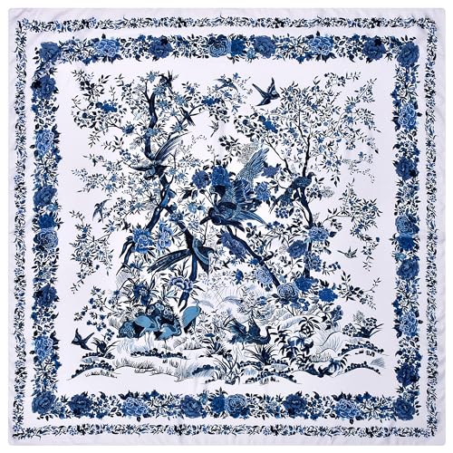 Stlvoll 100% Silk Head Scarf for Women - 27" Hair Scarves Satin Bandanas Square for Night Sleeping with Gift Packed - color: Flower/Navy Blue