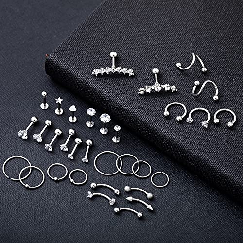 REVOLIA 32Pcs Stainless Steel Cartilage Stud Earrings for Women Conch Helix Tragus Daith Conch Hoop Earing Piercing Jewelry Set - color: Silver-tone