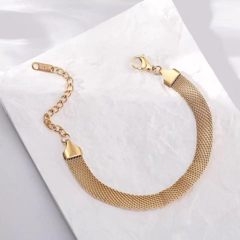 Fanmusic 18K Gold Plated Mesh Bracelet for Women, Adjustable Stainless Steel Wristband, Hypoallergenic Tarnish Resistant Everyday Jewelry Gift