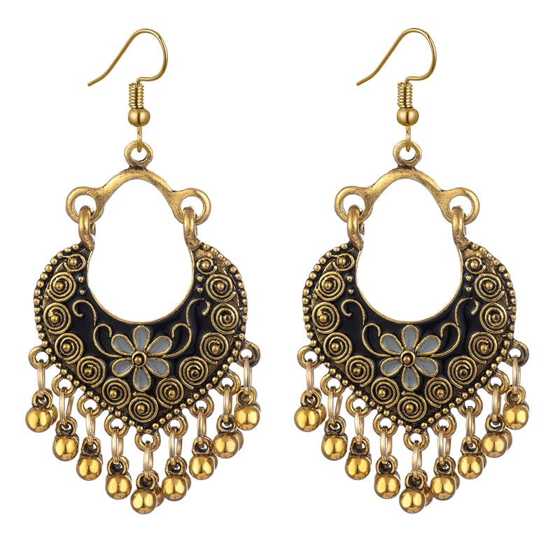 Vintage Boho Statement Drop Dangle Earrings for Women Bohemian Ethnic Handmade Beaded Charms Earring Bohemian Retro Chandelier Tassel Earrings Mexico Gypsy Jewelry Gift - color: Gold-Black
